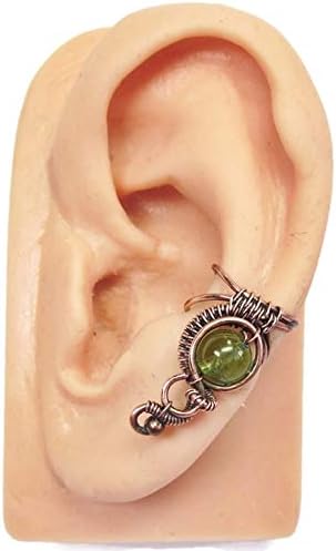 Peridot and Copper Woven Wire Ear Cuff; "Woven Bezel" Non-pierced Earrings