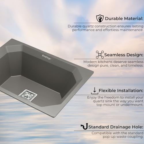 Image of BASINQU Quartz Sink for Kitchen | 24x18x9 Inches Grey Single Bowl Sink For Kitchen Basin Diamond Designed | Granite UV Protected Scratch Resistant, Undermount /Topmount Kitchen Sinks