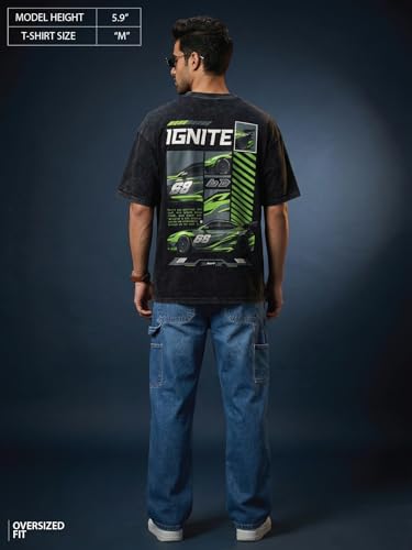 Image of Veirdo Heavy GSM Pure Cotton Men's Graphic Print Oversized Fit Half Sleeve Round Neck Cotton Acid Wash Print T-Shirt in Different Colors with Sizes ranging from S to 2XL.