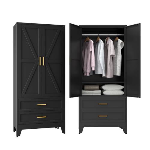 Metal Wardrobe Closet Hanging Rod 71" Tall, Heavy Duty Steel Armoire Wardrobe Cabinet, Clothing Storage Cabinet for Bedroom, Office, Laundry Room, 2 Drawers, Black