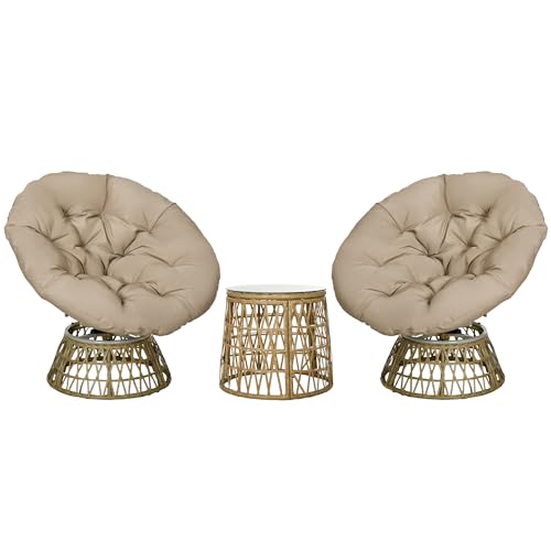 Outsunny Ensemble Salon de Jardin 3 pièces avec 2 fauteuils papasan pivotant et 1 Tables Basse Ronde 2 Grands Coussins fourni Polyester résine tressée Marron