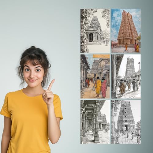 Image of SiddArtify South Indian Temple Architecture Black - Sepia Art Print Set - 300GSM Board - 8x12 Inch - Pack of 6 Wall Room Decoration art Poster Prints