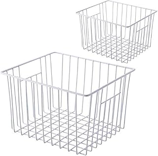 SANNO Freezer Wire Storage Organizer Basket, Open Refrigerator or Fridge Food Storage Bin with Handles for Organizing Freezer Cabinets, Pantry, Closets, Bedrooms - Set of 2