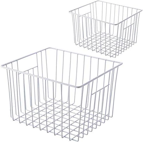 SANNO Freezer Wire Storage Organizer Basket, Open Refrigerator or Fridge Food Storage Bin with Handles for Organizing Freezer Cabinets, Pantry, Closets, Bedrooms - Set of 2