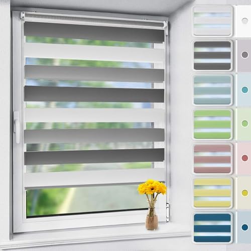 OUBO Doppelrollo Klemmfix ohne Bohren Weiß-grau-anthrazit B90 x H120cm (Stoffbreite: 86cm), Duo Rollo für Fenster und Tür, Fensterrollo Sonnenschutz & Sichtschutz
