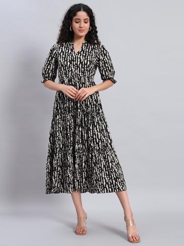 Image of PIDAVLIYA'S Women's Floral Summer Maxi Dress I Cotton Printed I One Piece Bodycon Midi Dress with V-Neck, Puffed Sleeves