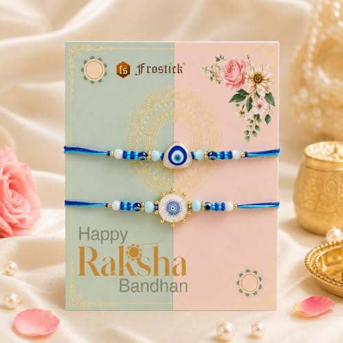 Image of Frostick Rakhi Combo for Brother with 2 Evil Eye Rakhis Chocolates Roli Chawal Greeting Card and Gift Box Ideal for Raksha Bandhan Festival Gifting