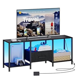 TV Stand with LED Lights, Entertainment Center with Open Shelves and Fabric Drawer, Media Console for 55 Inch TV, Television Stands for Living Room, Bedroom, Black