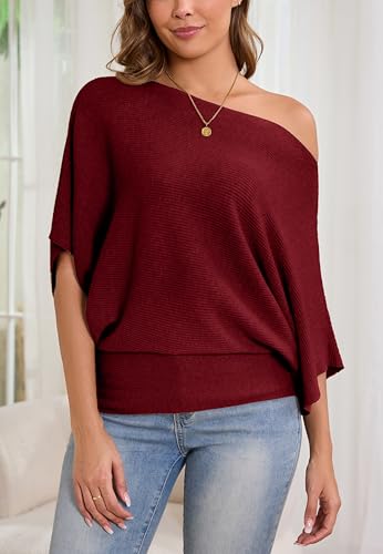 Image of MAKARTHY Womens Batwing Sleeves Knitted Dolman Pullovers Boat Neck Tops Sweatershirts