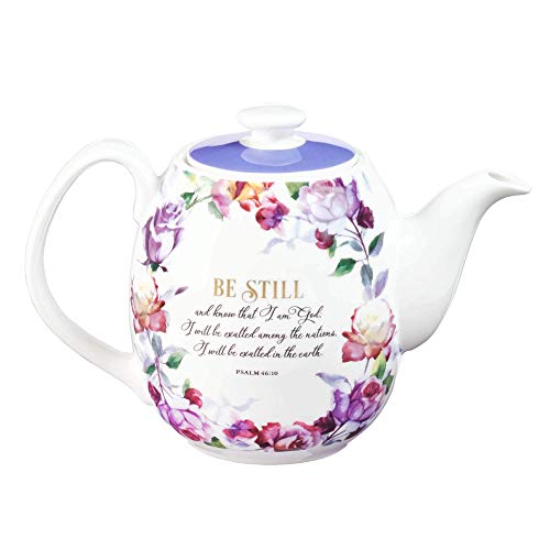 Christian Art Gifts Women's White Ceramic Teapot For One: Be Still And Know - Psalm 46:10 Inspirational Bible Verse, Novelty/Vintage Purple Rose Flower W/Golden Foil For Hot & Cold Liquids, 32 Oz. #TOP1