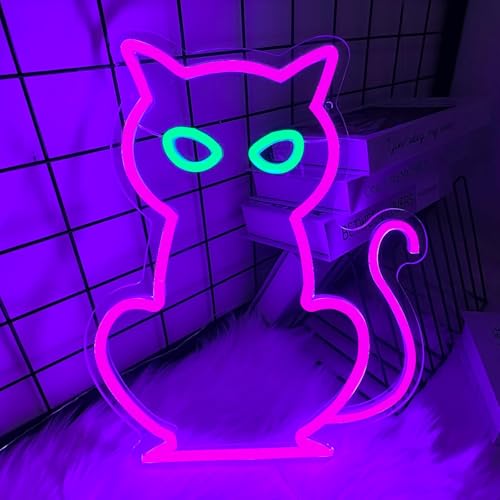 Image of Cat Neon Signs for Wall Decor, Purple Cat LED Neon Sign USB Powered, Halloween Cat LED Light Table Decoration for Bar, Christmas, Wedding, Birthday Party
