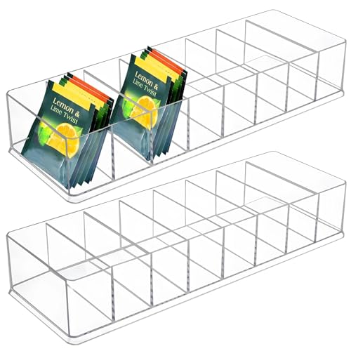 2 PCS Tea Bag Organizers, 8-Slot Clear Tea Bag Holders, Drink Packet Holder, Pantry Storage Divider Container, Beverage Bag Storage Bin, Clear Plastic Drink Package Organizer for Kitchens, Offices
