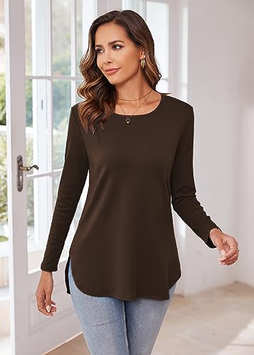 Image of Herou Women's Casual Long /Short Sleeve T Shirt Crewneck with Side Split Fall Pullover Loose Tunic Sweater Tops