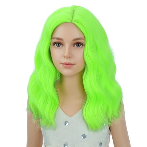 Image of PATTNIUM Neon Green Wig for Kids Girls Short Green Curly Wavy Wigs Side Part Shoulder Length Heat Resistant Synthetic Wig Halloween Cosplay Costume Party Wigs