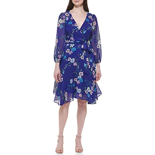 Jessica Howard Women's Petite Style Hankerchief Hem Wrap 3/4 Sleeve Printed Chiffon, Royal #TOP1