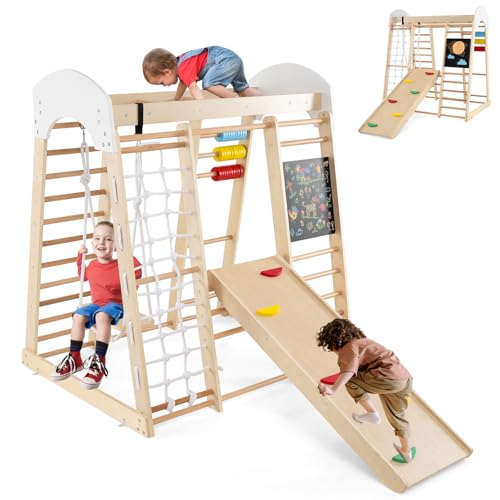 HOMASIS Struttura da Arrampicata in Legno da Interno, 7 in 1 Parco Giochi con Altalena, Scala, Rete da Arrampicata, Barre, Abaco e Lavagna, Palestra per Bambini dai 3+ Anni (Naturale)