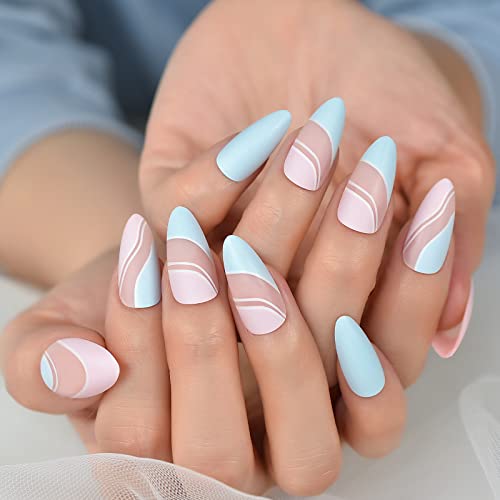 Echiq Sky Blue Matte Press On Nail With Pink Ripple Wearable Medium Length Acrylic Fake Nails Reusable Full Cover Coffin Artificial Nature False Stick On Nail Art Tips For Women Ladies Girls Gift 24Pcs/Set #TOP3