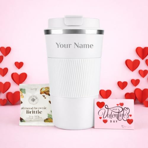Image of Giftana Personalized Coffee Tumbler with Brownie Brittle, Valentines Day Card Gift Set for Men and Women, Valentine's Day Gifts for Boyfriend and Girlfriend, Valentine Gift for Her Him (White, 510ml)