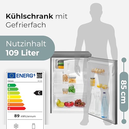 Clatronic® Kühlschrank mit Gefrierfach | Energieklasse C | 85cm | Kühl schrank klein | leise 37dB | Türanschlag wechselbar | 0°C - 8°C | 109L Fridge | kleiner Kühl-schrank KS 101 inox