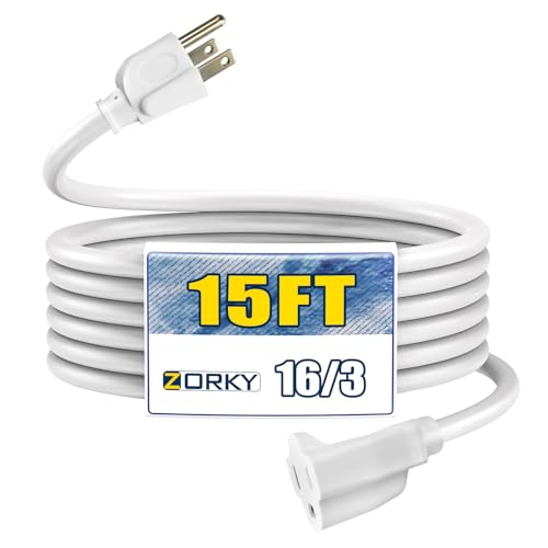 Image of 15ft Outdoor Extension Cord - 16 /3 Heavy Duty SJTW Waterproof White Electrical Cable with 3 Prong Grounded Plug for Safety, Great for Lawn and Major Appliances