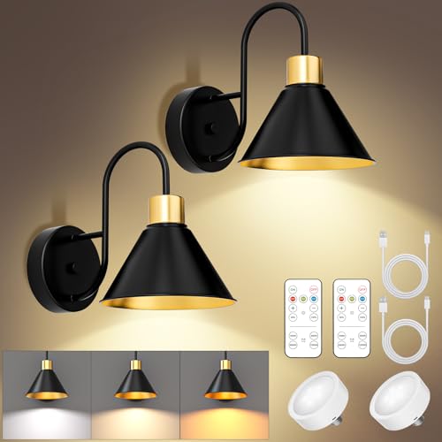 Image of Frideko Rechargeable Wall Sconces Set of Two, 3 Color Dimmable Battery Operated Wall Lights with Remote, Black Wireless Wall Lamp with Timer, Indoor Sconce Lighting for Living Room Bedroom Picture