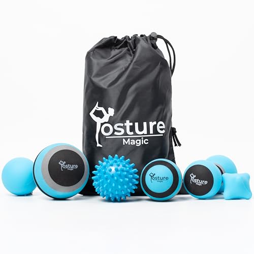 Posture Magic Massage Ball Set for Myofascial Trigger Point Release & Deep Tissue Massage - Set of 6 - Large Foam/Small Foam/Lacrosse/Peanut/Spiky/Hand Exercise Ball (Blue)