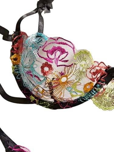 Image of Lilosy Sexy Tie Side Cute Underwire Push Up Strappy Embroidered Mesh Sheer Lingerie Set
