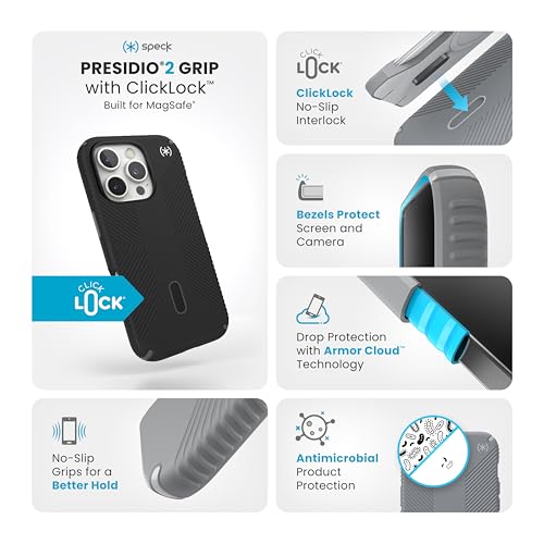 Image of Speck Black iPhone 16 Pro Case MagSafe and ClickLock - Slim Phone Case iPhone 16 Pro - iPhone 16 Pro Phone Case - Presidio 2 Grip - Black /Slate
