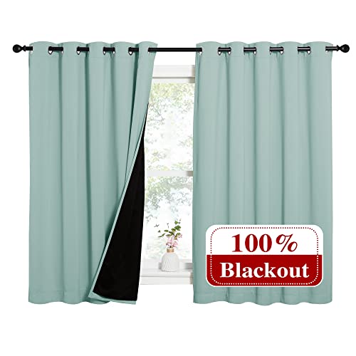 Image of NICETOWN Aqua Blue 100% Blackout Lined Curtains, 2 Thick Layers Completely Blackout Window Treatment Thermal Insulated Drapes for Kitchen /Bedroom (1 Pair, 62 inch Width x 63 inch Length Each Panel)