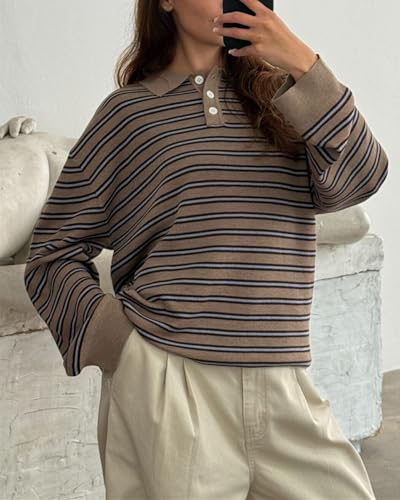 Oversized Striped Sweater for Women Collared Long Sleeve Preppy Polo Sweater Vintage Aesthetic Knitted Rugby Shirts4