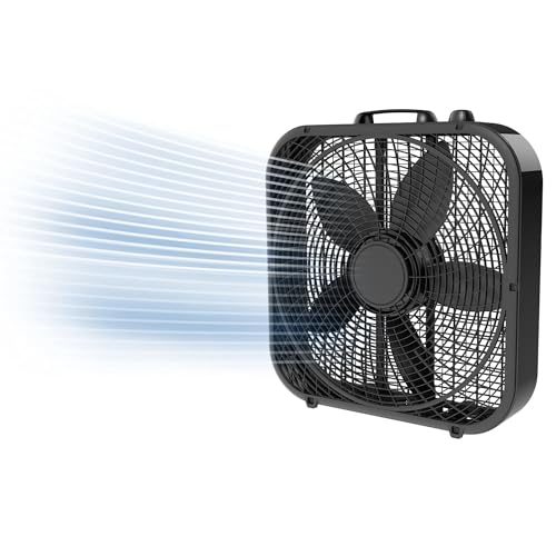 20-inch box fan, three-speed settings, energy-efficient and powerful, quiet operation,