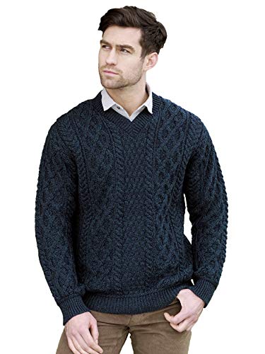 Aran Crafts Extra Large (XL) Traditional Knit V Neck Sweater Irish Sherwood Traditional Knit V Neck Sweater (100% Merino Wool) (V4815-SH-XL)
