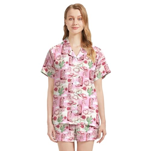 Image of Funny Satin Pajamas Set for Women Button Down Sleepwear Print Pjs Set 2 Piece Short Sleeve Loungewear Gift for Women
