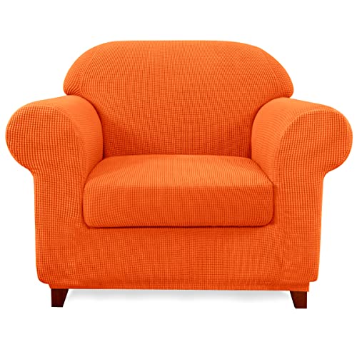 Subrtex Stretch Armchair Sofa Slipcover 2 Piece Sofa Cover 1 Seater Soft Couch Slipcover Washable Furniture Covers, Jacquard Fabric Armchair Checks(Orange,Armchair) #TOP3