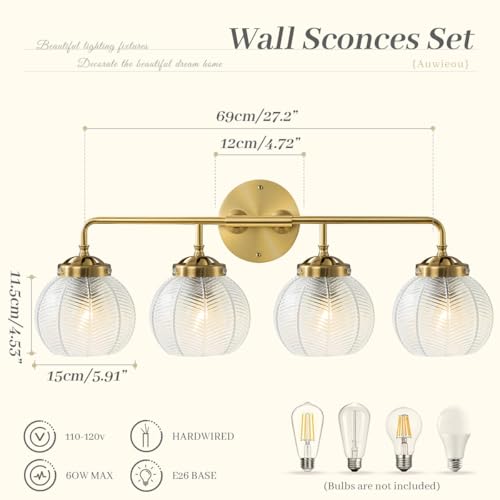 Image of 4-Light Brushed Gold Clear Glass Globe Wall Sconce, 27.2-inch | Gold Vanity Lights, 5.9 inch Clear Glass Shade, E26 Base, Living Room, Bedroom, Bathroom, Renters, Indoor Lighting, Wall Lamps