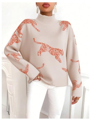 Image of WDIRARA Women's Leopard Tiger Print Sweater High Neck Long Sleeve Fuzzy Knitted Pullover Top