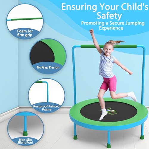 3FT Foldable Kids Trampoline, 36'' Indoor & Outdoor Mini Trampoline for Toddlers, Max Capacity 220 LBS, Adjustable Handlebar, Quiet & Safe Design