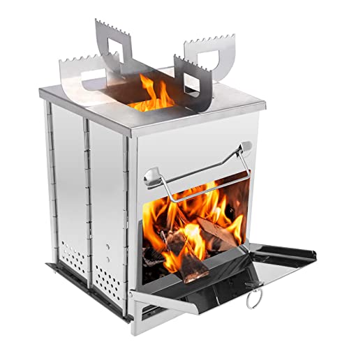 KOMCLUB ポータブル薪ストーブ 焚き火台 ソロ (ベース+スタンド付) ステンレス 折りたたみ バーベキューコンロ 焚火台 コンパクト 軽量 キャンプ BBQコンロ 1台多役 収納ケース付き