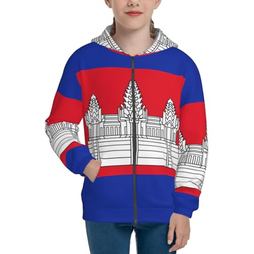 Cambodia Flag Print Girls Athletic Zip Up Hoodies,Sweatshirts with Pockets Long Sleeve Hooded Jackets, for 7-18 Y2