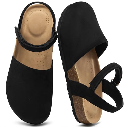 Ecetana Womens Sandals Closed Toe Shoes Dressy Summer Cork Footbed Comfortable Arch Support Flats Sandals for Women Black