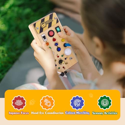 Hoarosall Montessori Wooden Busy Board with 8 LED Light switches, Sensory Toys Light Switch Travel Toys for 1+ Year Old Baby and Toddler - Image 6