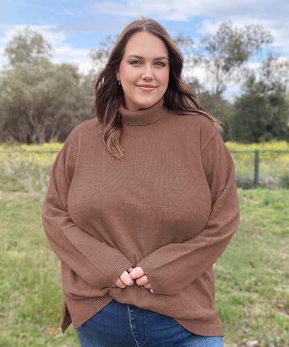 Image of CARCOS Plus Size Sweaters for Women Solid Turtleneck Sweater Long Sleeve Pullover Tops Casual Split Hem Knit Shirts