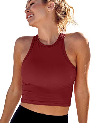 AngiMelo Womens Sports Bra Workout Crop Top Padded Yoga Gym Tank Sleeveless Running Shirts Racerback (Wine Red Sports Bra, Large)