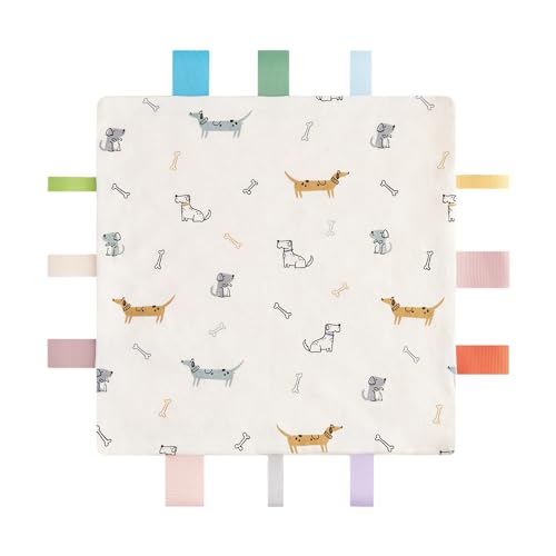 Image of AmazingM Baby Tags Security Blanket, Sensory Soothing With Tags, Dotted Backing Taggies for 3-12 Months Boys and Girls (Dogs)