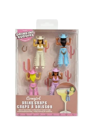 NPW Drinking Buddies Cowgirl Chaps Reusable Drink Markers & Wine Glass Charms Bachelorette Party Drink Accessories for Adults