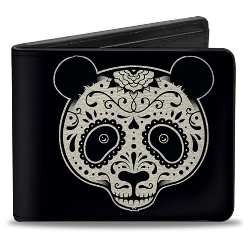 Buckle-Down Cartera de dos pliegues, diseño de oso panda con calavera de azúcar, color negro y crema