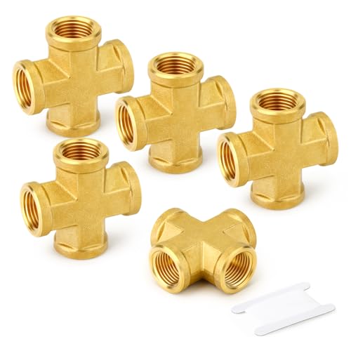 Image of GASHER 5PCS Brass Pipe Fitting, Cross 4 Way Pipe Fitting, 1 /8 inch NPT Female Pipe