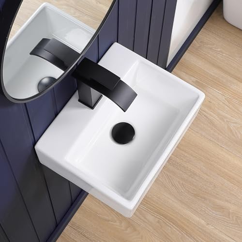 KMOEM Wall Mount Bathroom Vessel Sink 15"x12" Rectangular Floating White Porcelain Ceramic Wall Hung Vanity Basin Sink for Home,RV,Bathroom by KMOEM - Used condition - Image 6