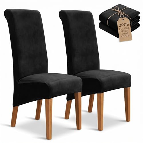 Deisy Dee Stretch XL/Oversized Extra Large Velvet Dining Room Chair Covers for Kitchen Dining，Removable Washable Chair Protectors Slipcovers (Black, 2)
