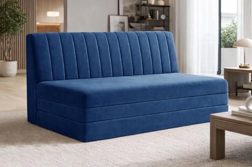 Image of 3-Seater Foldable Floor Sofa Bed with Adjustable Backrest Modern Velvet Fabric Folding Couch for Living Room, Guest Room & Small Spaces - Blue Color